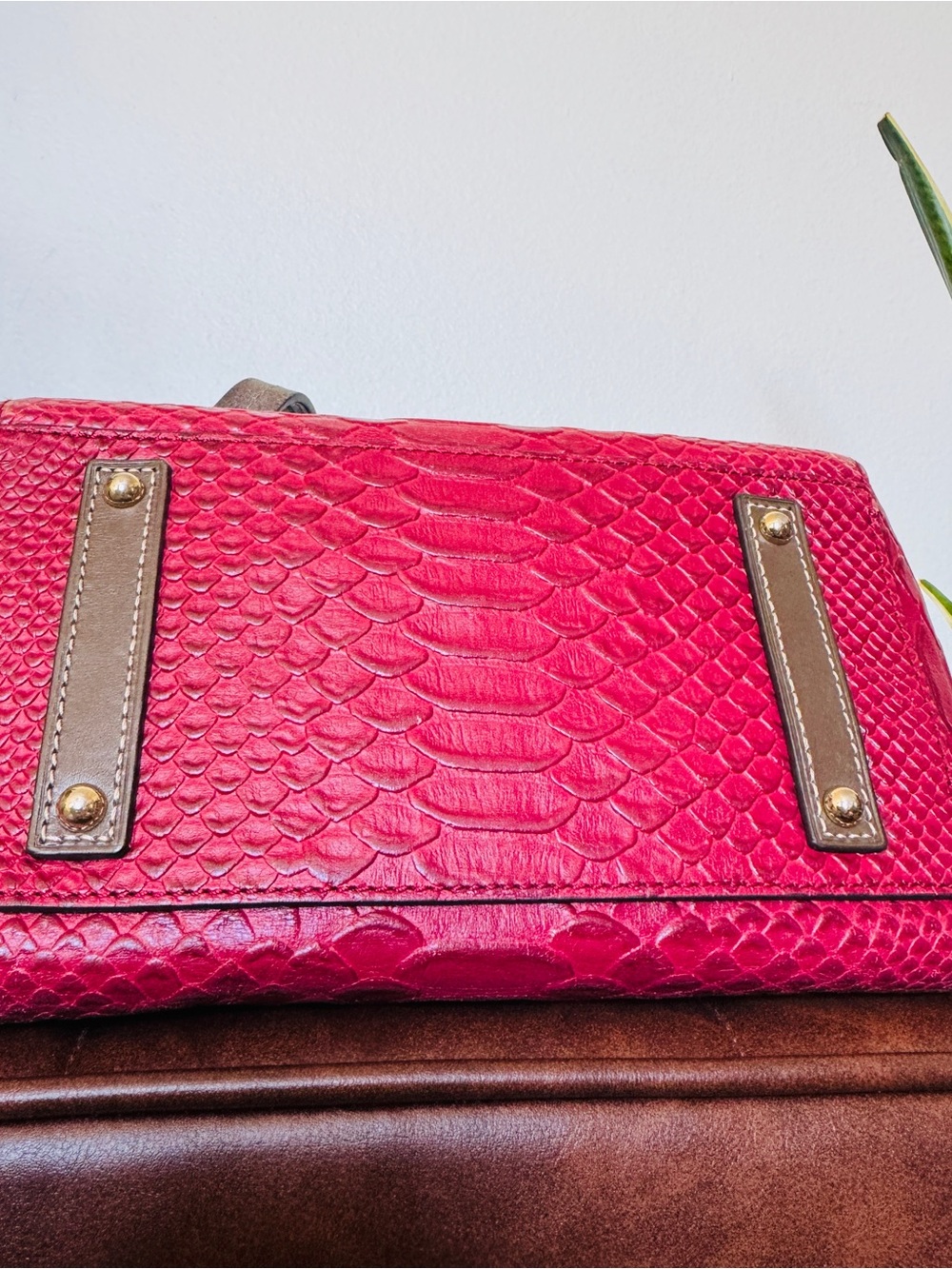 Dooney & Bourke Python Embossed Leather Tassel Tote Raspberry Brown Large - Picture 10 of 15